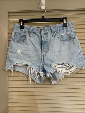 Levi 501 Light Blue Distressed Denim Shorts